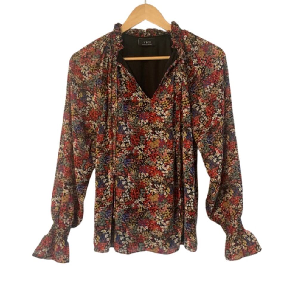 VICI Floral V-neck Long Sleeve Ruffle Neck Chiffon Long Sleeve Top | XS